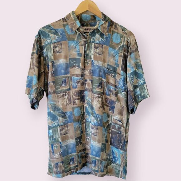Vtg CAMPIA MODA Abstract Print Shirt Size S Button Down 90s Hawaiian Earth Tones - Picture 7 of 8